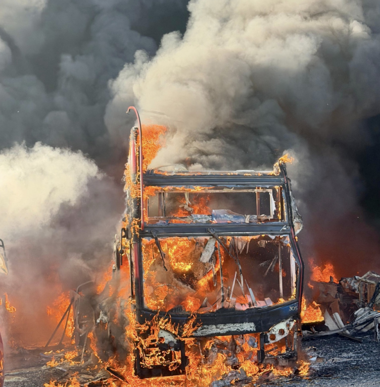 Large Fire Destroys Multiple Double-Decker Buses at Bus Depot